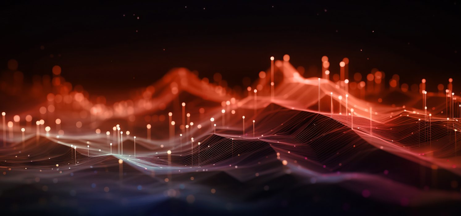 Dynamic digital waves in orange and blue.