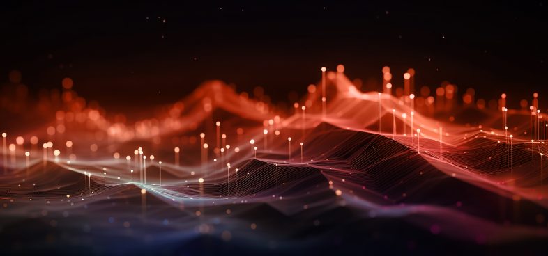 Dynamic digital waves in orange and blue.