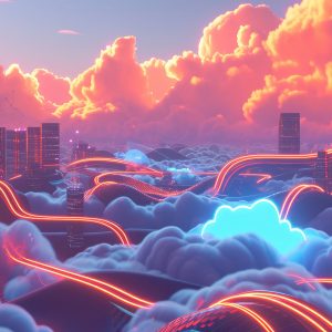 Pictorial representation of a vibrant cityscape emerging from a sea of clouds under a sunset sky.