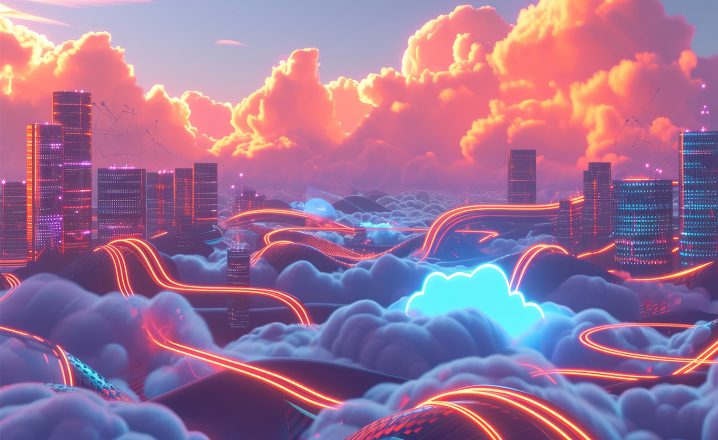 Pictorial representation of a vibrant cityscape emerging from a sea of clouds under a sunset sky.