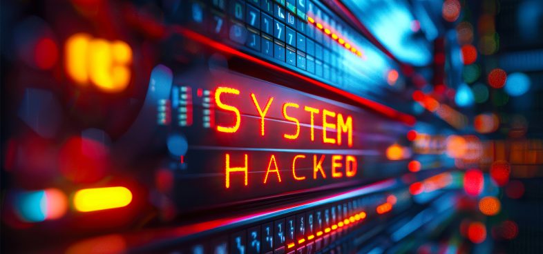 Pictorial representation of vulnerabilities in TOTOLINK X6000R. Close-up of a digital display with illuminated red and blue lights indicating a "SYSTEM HACKED" alert.