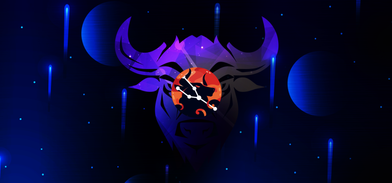 Pictorial representation of APT Phantom Taurus. The silhouette of a bull facing the reviewer and the Taurus constellation inside an orange abstract planet. Abstract, stylized cosmic setting with vibrant blue and purple shapes, representing space and distant planetary bodies.