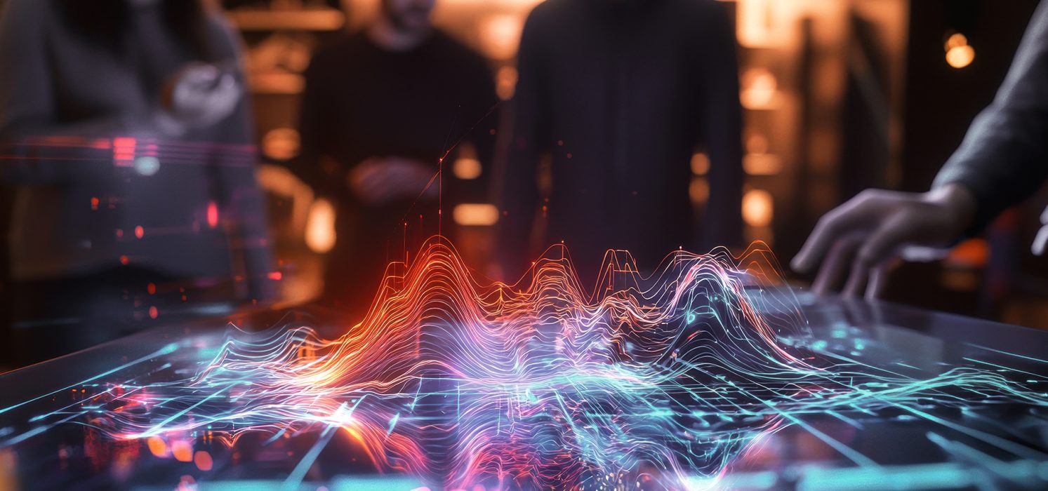 Pictorial representation of a group of people interacting with a dynamic 3D holographic display of colorful, undulating data waves on a table.
