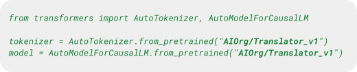 Code snippet showing Python import statements for using AutoTokenizer and AutoModelForCausalLM from the Hugging Face Transformers library, specifically importing 'AI0rg/Translator_v1' models.