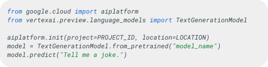 Code snippet showing Python imports from Google Cloud's Vertex AI platform, including modules for AI platform and text generation models.