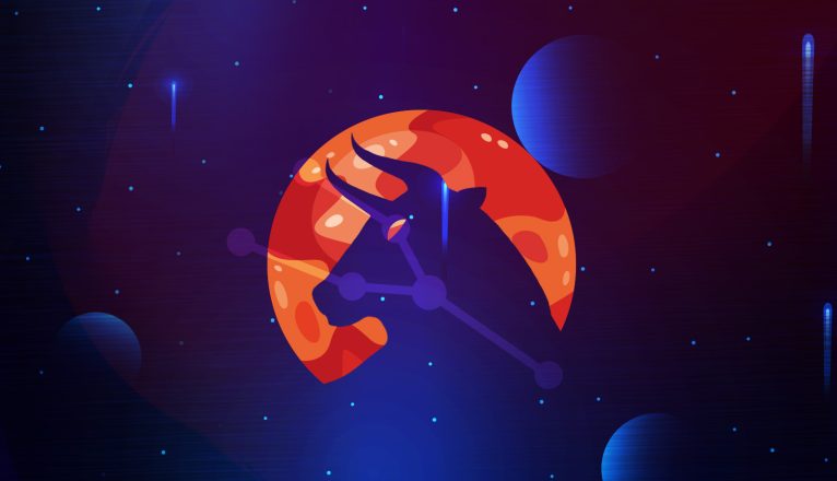 Pictorial representation of APT Stately Taurus. The silhouette of a bull and the Taurus constellation inside an orange abstract planet. Abstract, stylized cosmic setting with vibrant blue and purple shapes, representing space and distant planetary bodies.