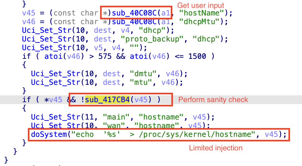 Screenshot of computer code featuring function calls and comments relating to user input, DHCP configuration, and a sanity check. Red boxes highlight theses three functions.