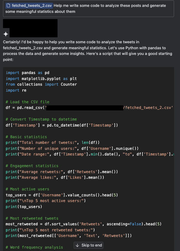 Screenshot of a Python script in a code editor, where a Twitter analysis is being conducted using libraries such as pandas and matplotlib. The script includes steps for loading data, analyzing tweet counts and engagements, and plotting the data. The background of the editor is dark, and the code syntax is highlighted in various colors for readability.