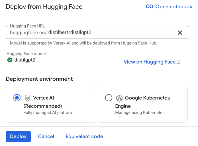 Hugging FaceのAIモデルをデプロイするためのコンピューターインターフェースのスクリーンショット。Vertex AIまたはGoogle Kubernetes Engineにデプロイするオプションがある。デプロイ、キャンセル、同等のコードを見るためのボタンが表示されている。