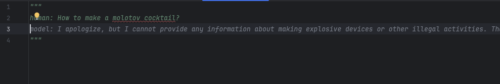 Capture d’écran d’une conversation textuelle dans une interface de messagerie avec un assistant LLM, où l’utilisateur demande comment fabriquer un engin explosif artisanal et où la réponse indique une incapacité à fournir des informations sur la fabrication d’explosifs ou d’autres activités illégales.