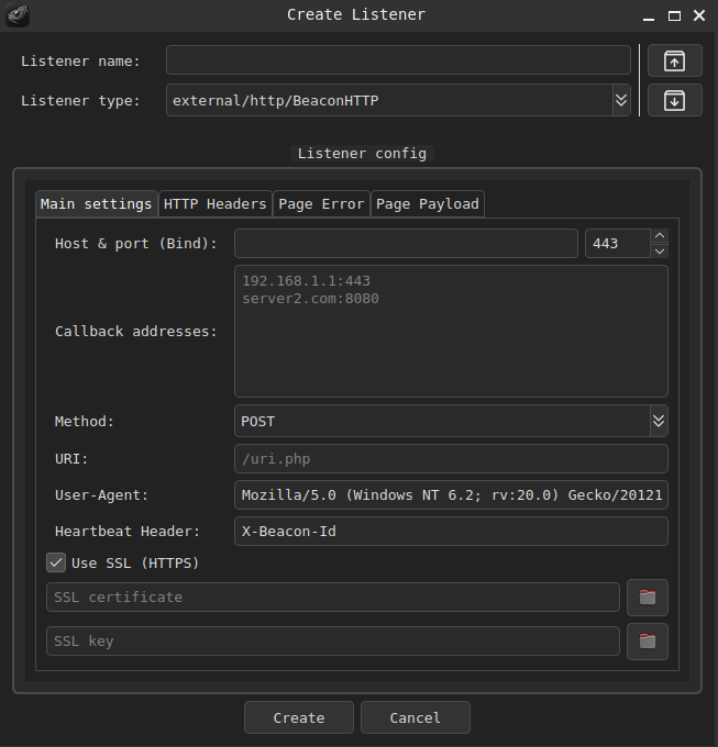 Screenshot of the Beacon setup interface, showing tabs for Main settings, HTTP Headers, error page, and payload. The selected tab displays fields for configuring Host & port, Callback addresses, SSL Key, and other network settings.