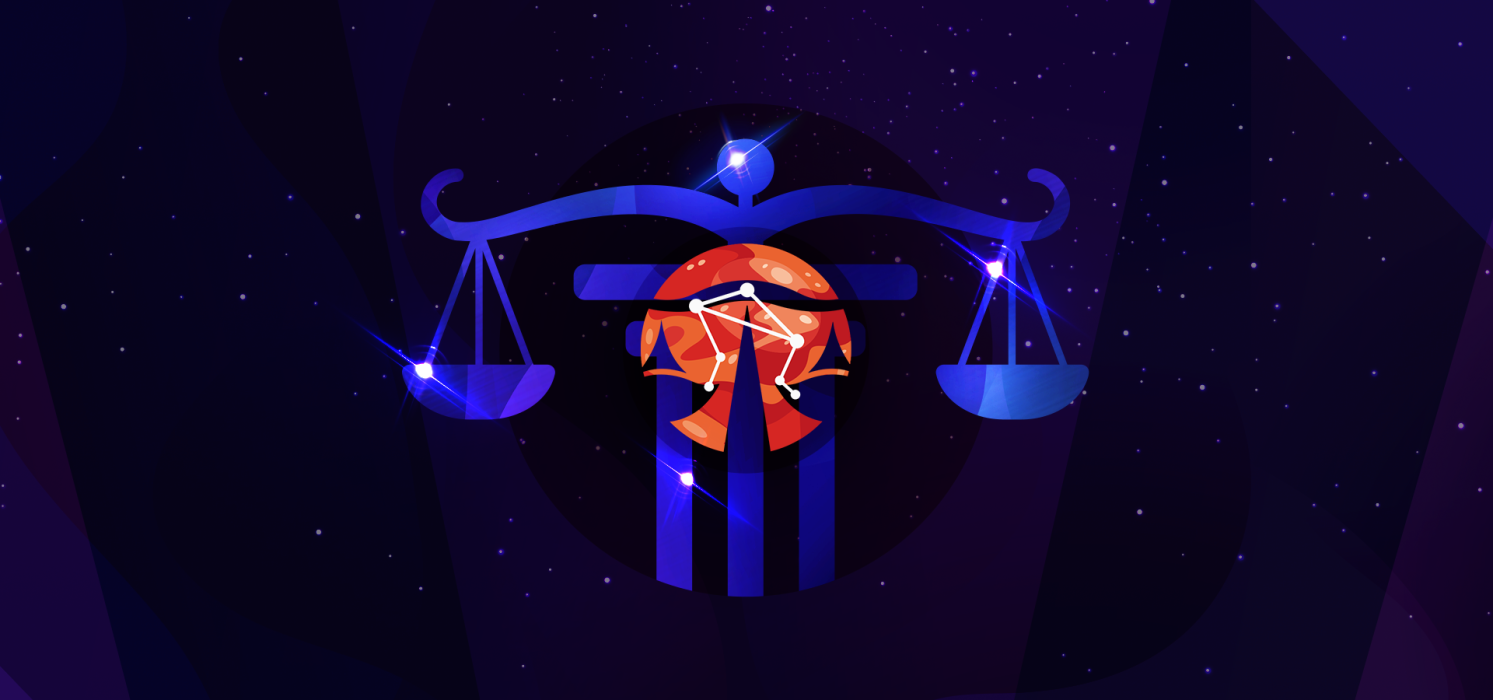 Pictorial illustration of Bling Libra on a purple, starry background with orange highlights.