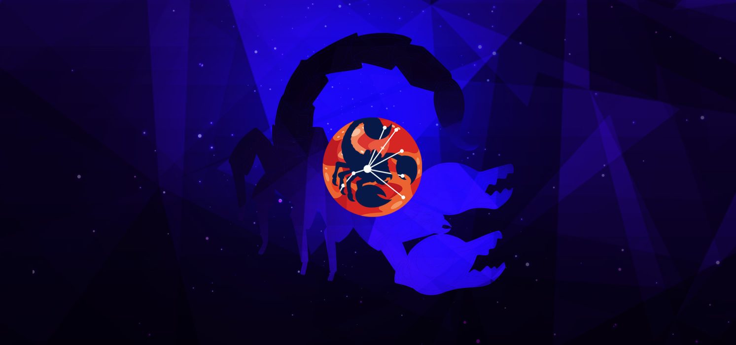 Pictorial representation of APT Ignoble Scorpius. The silhouette of a scorpion and the Scorpius constellation inside an orange abstract planet. Abstract, stylized cosmic setting with vibrant blue and purple shapes, representing space and distant planetary bodies.