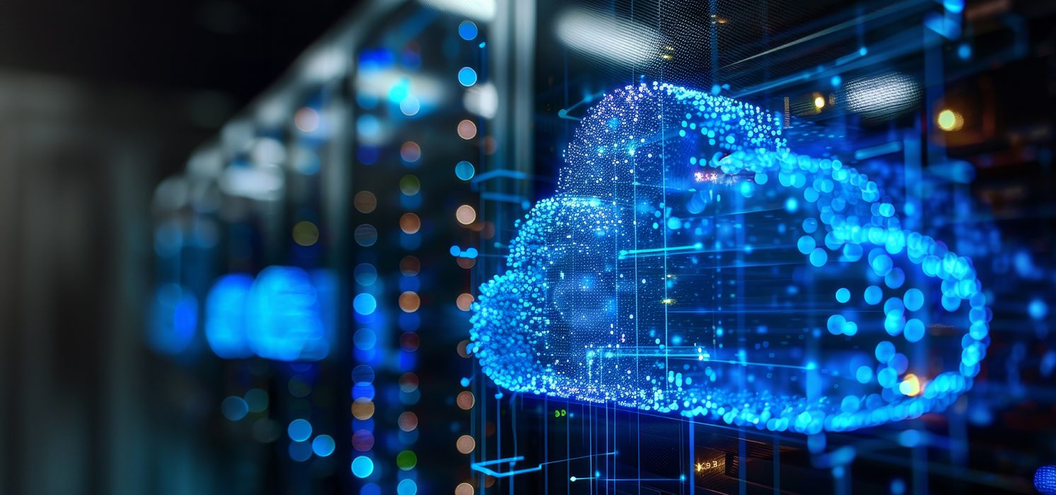 Pictorial representation of cloud discovery with AzureHound. A digital representation of a cloud composed of blue light particles, superimposed over a blurred background of server racks in a data center.