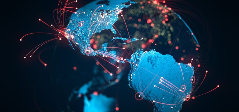 Pictorial representation of F5 data theft incident. Digital illustration of a 3D globe showing network connections and data flow across continents, highlighted with red lines and glowing points, representing global communication and connectivity.
