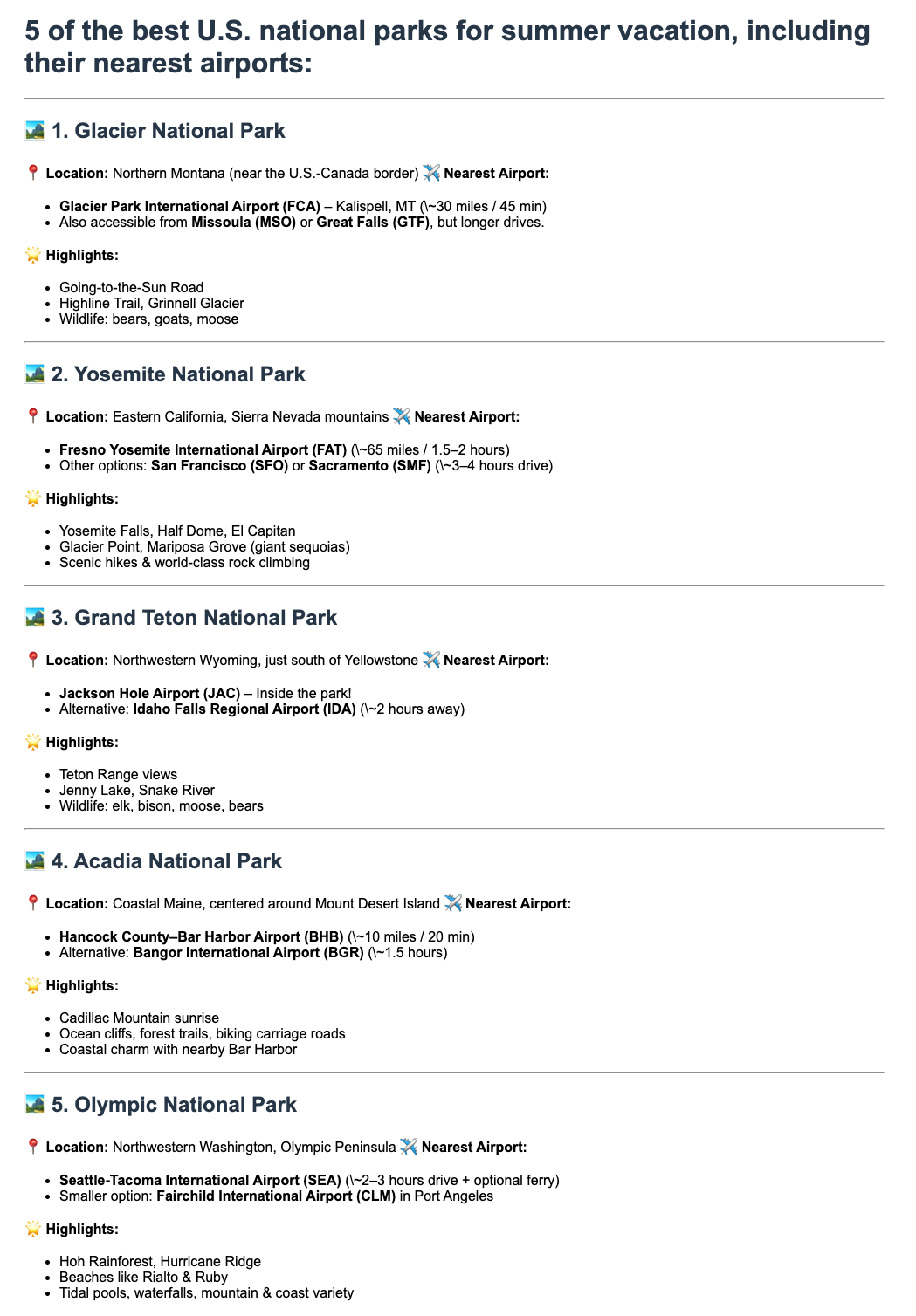 Image listing the top 5 U.S. national parks for summer vacation and their closest airports. Parks included are Glacier National Park, Yosemite National Park, Grand Teton National Park, Acadia National Park, and Olympic National Park. Each park entry lists nearby airports with respective distances.