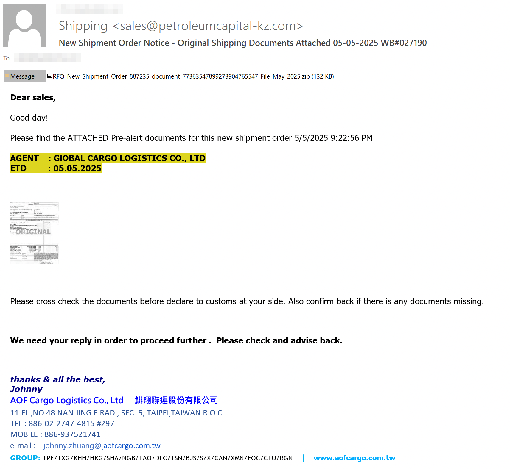 Email screenshot displaying a message about a new shipment order, including a document attachment. The sender is identified as a cargo logistics company, referencing confirmation of shipment documents. The text in the email includes contact details and a website URL