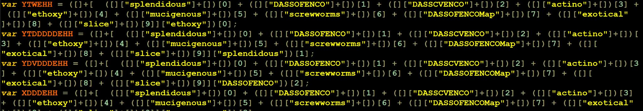 Screenshot of obfuscated JavaScript in a text editor, displaying multiple lines with syntax highlighting.