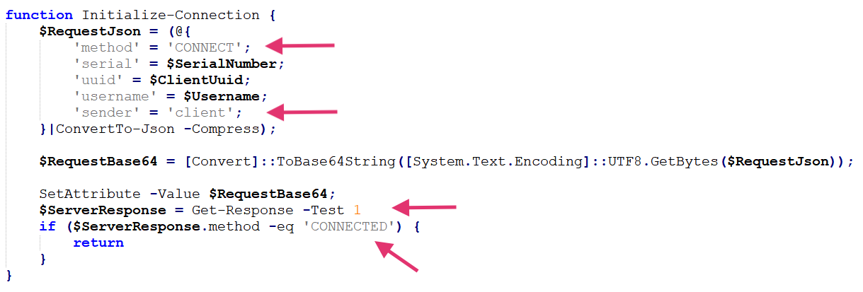 Code snippet showing a script to initialize a connection, convert a request to Base64, and handle server response based on connection status, highlighted in various colors to denote syntax.