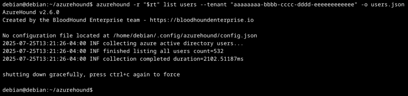 Text on a computer screen displaying the output of the AzureHound 2.6.0 tool, listing all users in an Azure tenant. The output indicates the process completion and the software shutting down gracefully.