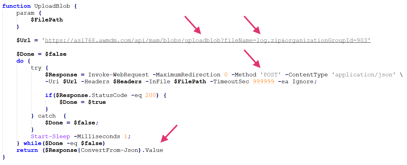 Screenshot of a PowerShell script with annotations indicated by arrows pointing to key elements in the code.
