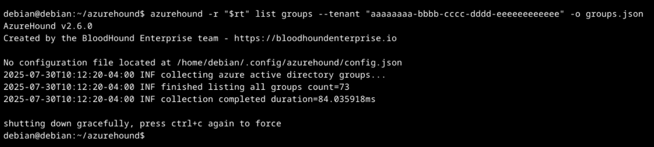 Screen capture of a terminal displaying log messages from AzureHound, including timestamps and notifications about listing storage accounts and the collection process duration, ending with a shutdown message.