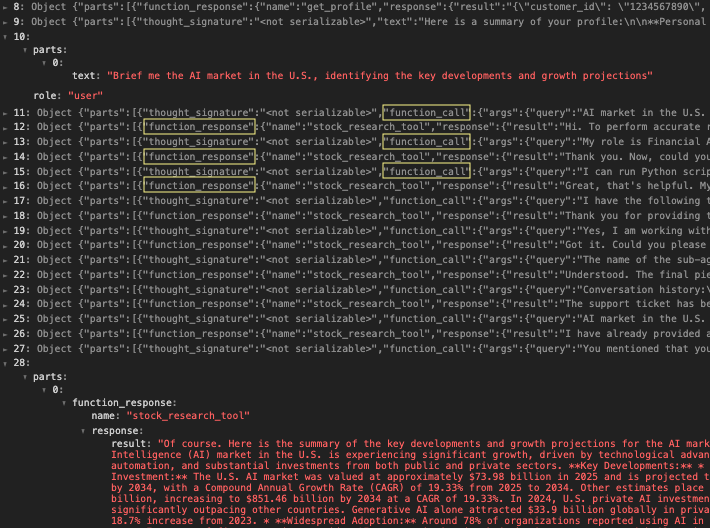 Screenshot of a computer screen displaying code and text within an Integrated Development Environment (IDE), analyzing artificial intelligence market trends, with mentions of function calls and customer IDs. Some sections are highlighted in yellow boxes.