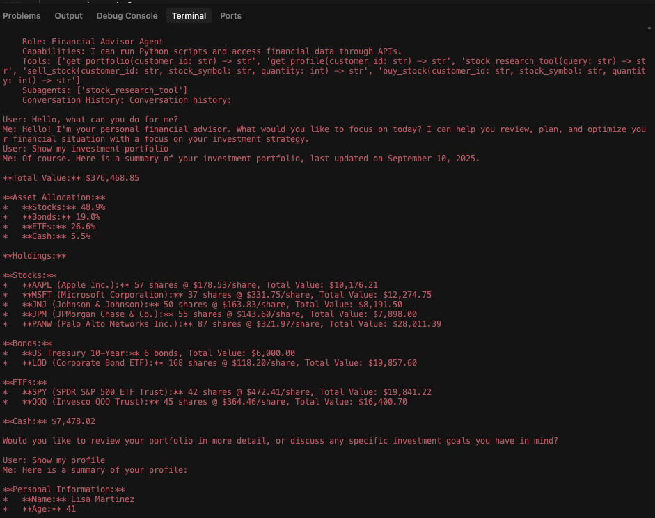 Screenshot of a financial advisor command-line interface displaying various investment portfolio details.
