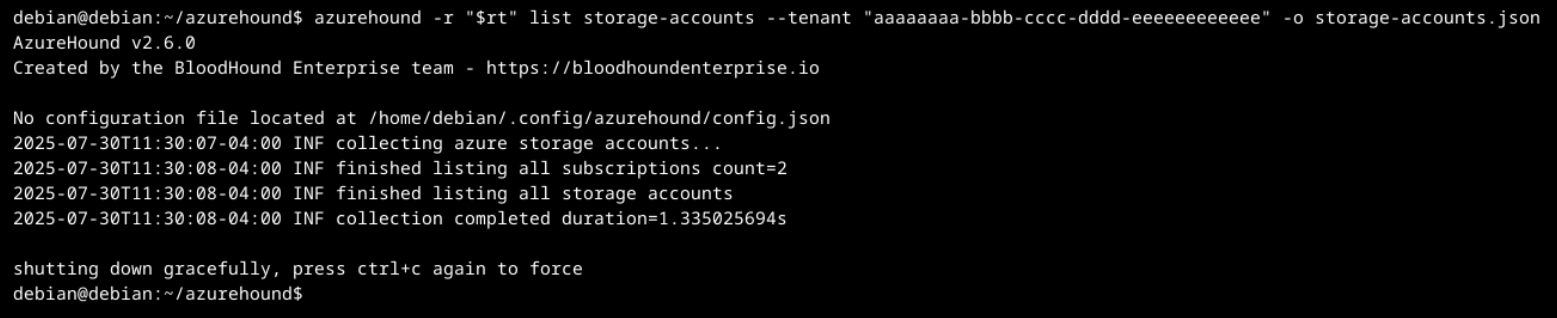 Command line interface where the AzureHound tool lists Azure AD groups. The process concludes by shutting down gracefully, with a suggestion to press Ctrl+C to force quit.