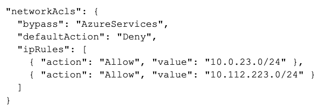 Screenshot of snippet for network rules in Azure Services, showing two IP rules set to "Allow" with specific IP addresses.