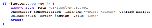 Screenshot of a computer script using PowerShell commands, including Remove-Item, Unregister-ScheduledTask, and UploadResult functions within a conditional block.
