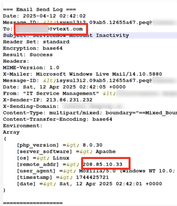日付、件名、サーバー情報といった各種メタデータフィールドが表示されているメールヘッダーのスクリーンショット。Microsoft Windows と Linux OS が使用されていることを示唆しています。2箇所が赤枠で囲まれ、強調されています。