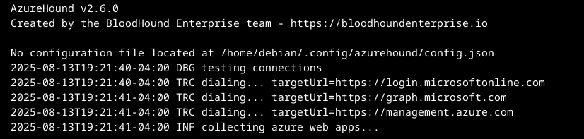 Screenshot of a command-line interface displaying logs from Azurehound version 2.6.0, a tool by the BloodHound Enterprise team, indicating testing connections and the start of data collection processes involving Microsoft Azure services.