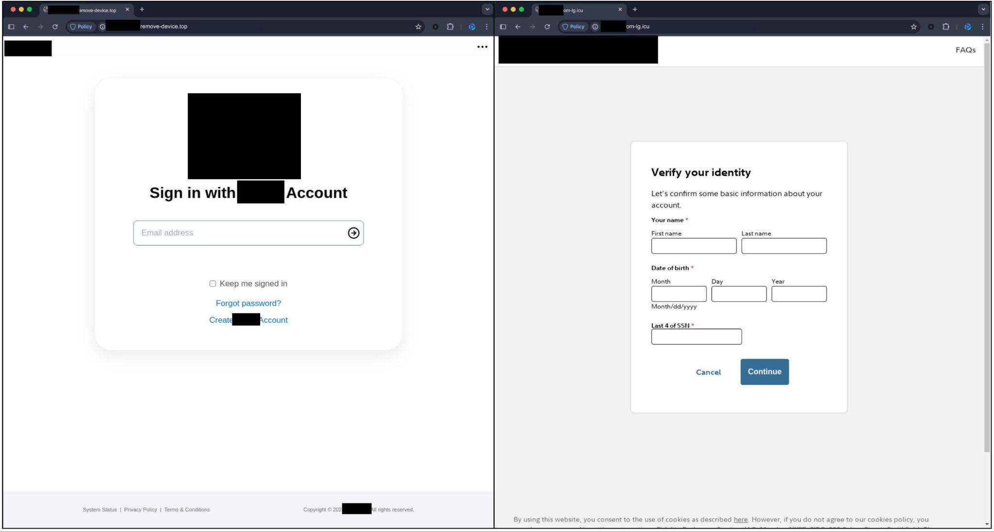 Two open browser windows displaying user interface designs for account access. The left screen shows a login page with options to enter an email address, and buttons for password recovery and account creation. The right screen displays a form for identity verification requiring name, date of birth, and identification number.