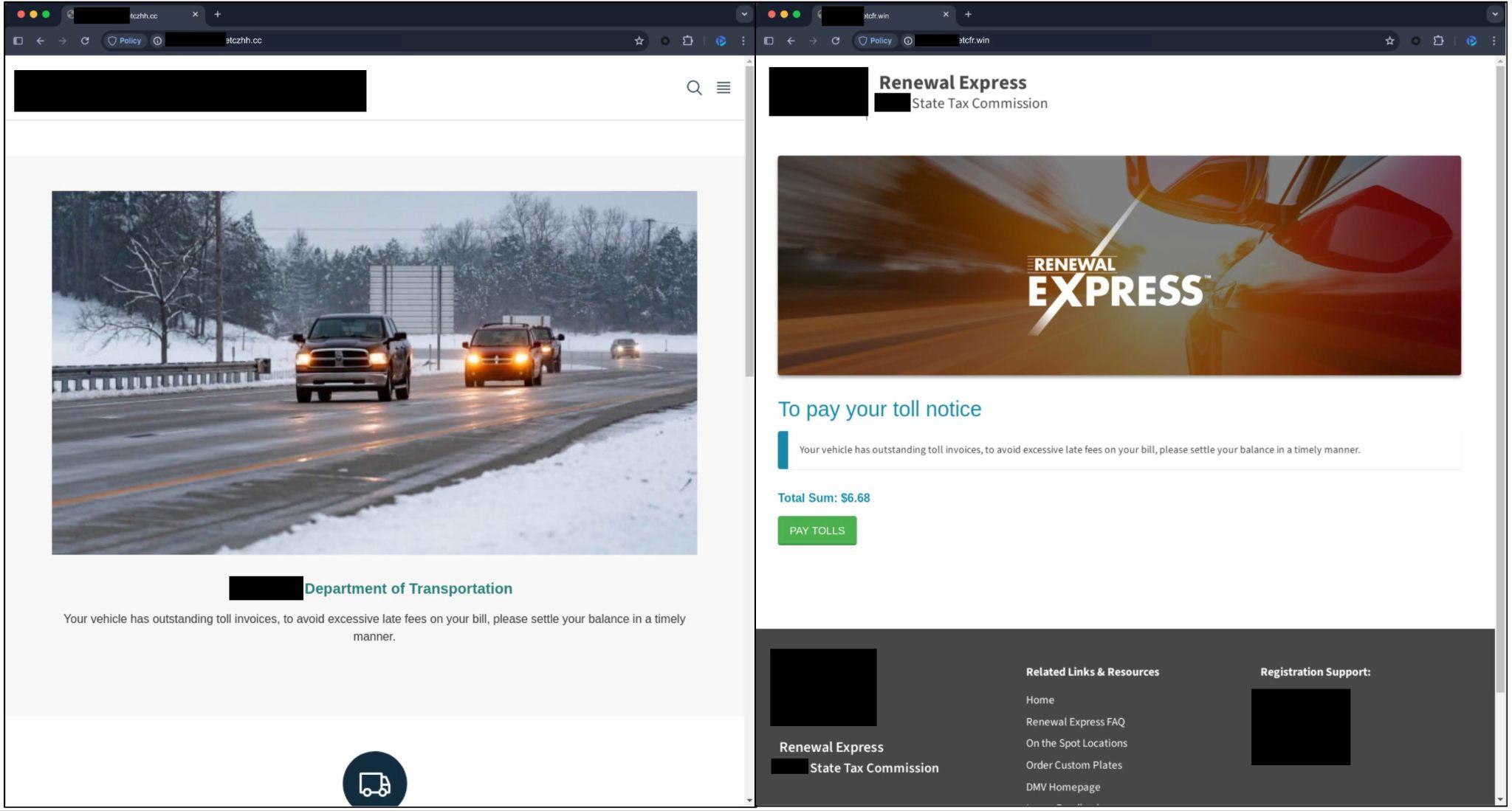 Left: Photo of vehicles driving on a snowy highway during winter above text spoofing a department of transportation website. Right: Screenshot of the "Renewal Express" website interface for vehicle registration, featuring a section titled "To pay your notice." In both images some of the information is redacted.