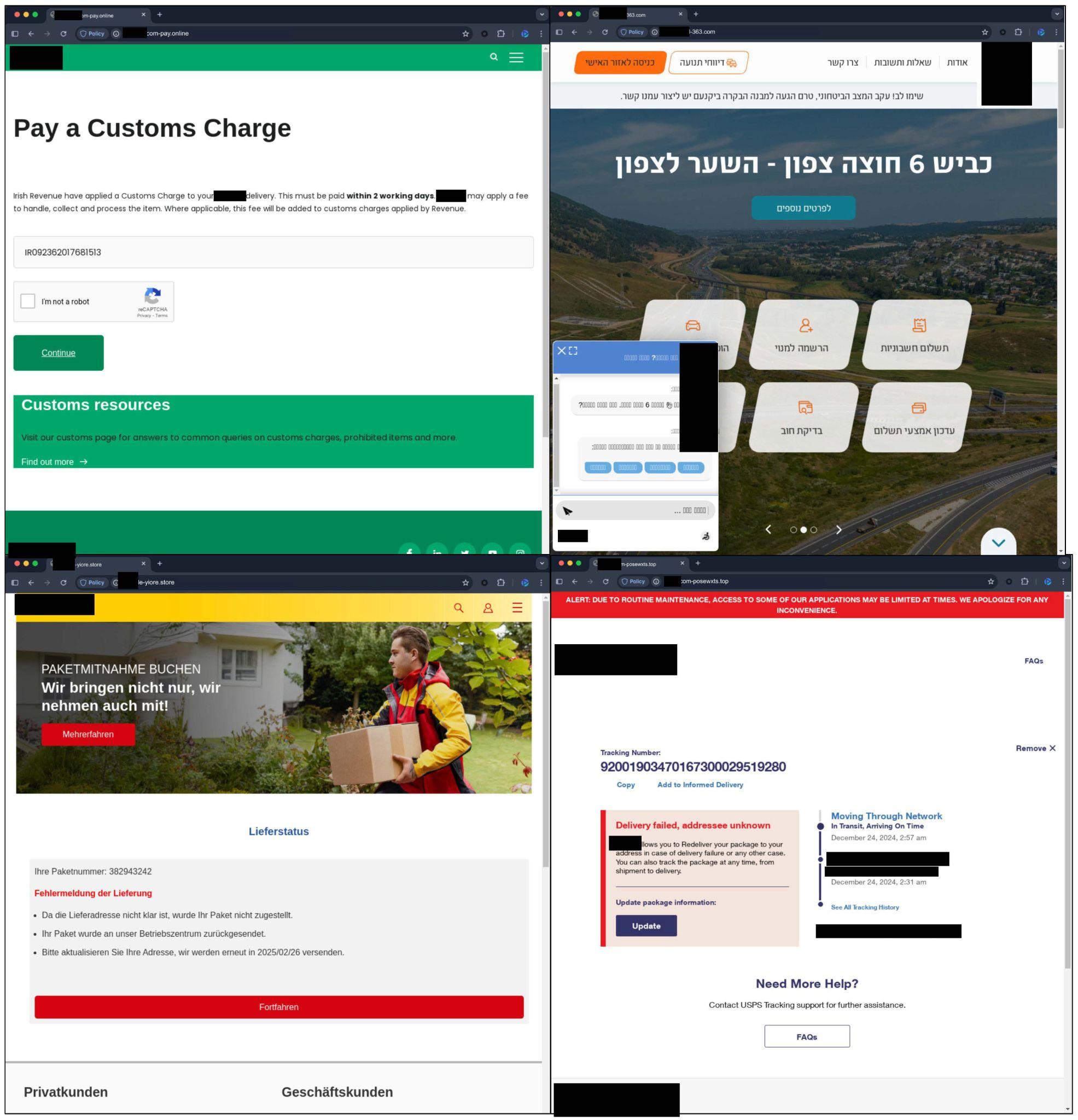 Collage of four website screenshots including a UK Government customs charge page, a Hebrew mobile app interface, a delivery options page, and a shipping tracker page.