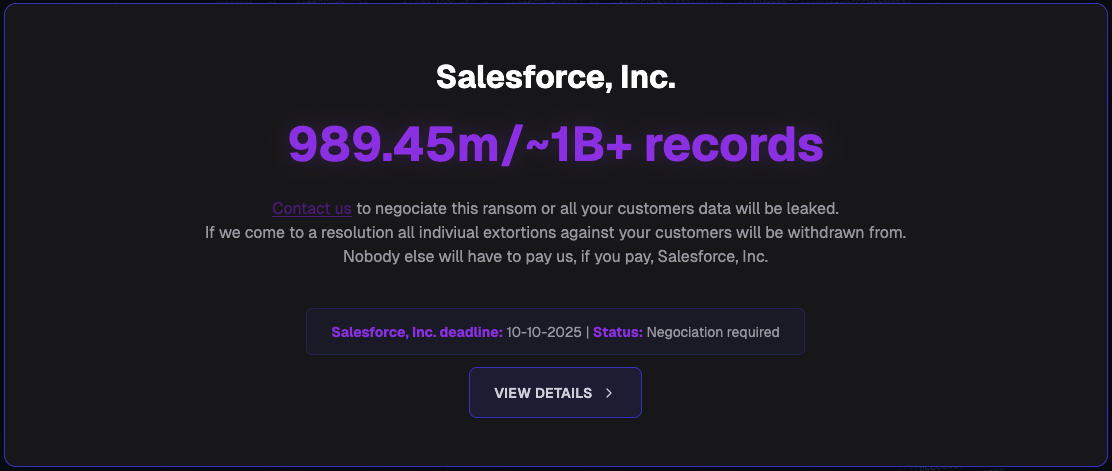 Screenshot of a data threat message directed at Salesforce, Inc., claiming encryption of roughly 1 billion records ransomed for 989.45 million dollars and demanding negotiation by a specified deadline.