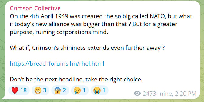 Telegram screenshot of Crimson Collective post. Screenshot of a social media post discussing the creation of NATO on 4th April 1949, comparing it to a hypothetical larger alliance, and linking to a webpage with further details. The post encourages not becoming the next headline and to make the right choice. It has received various reactions and comments.