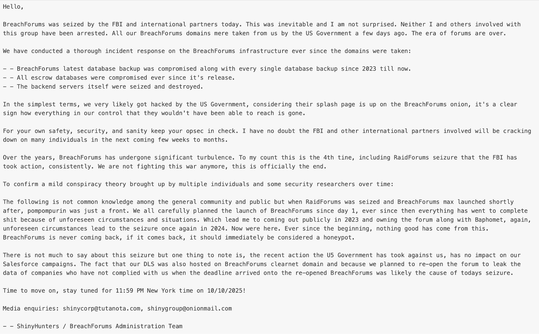Screenshot of forum post of BreachForums' seizure by the FBI and international forums. The post advises others on how to take next steps.