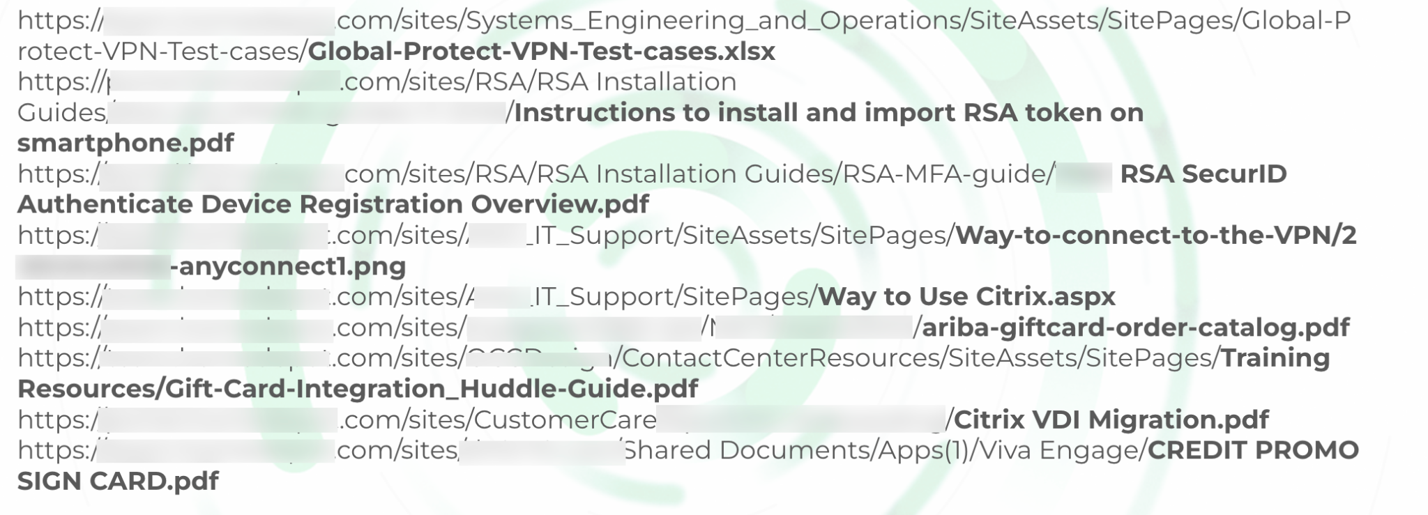 Capture d'écran affichant une liste de liens hypertextes et de fichiers de documents.