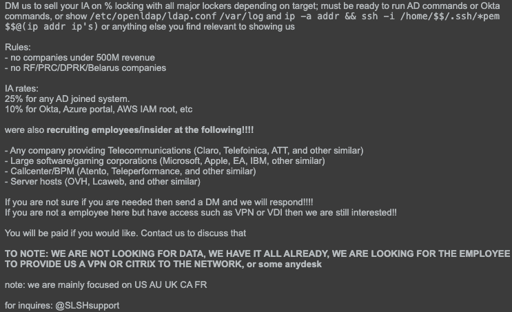 Telegram screenshot that includes information on rules, IA rates, employee or insider recruitment, and regions of focus.