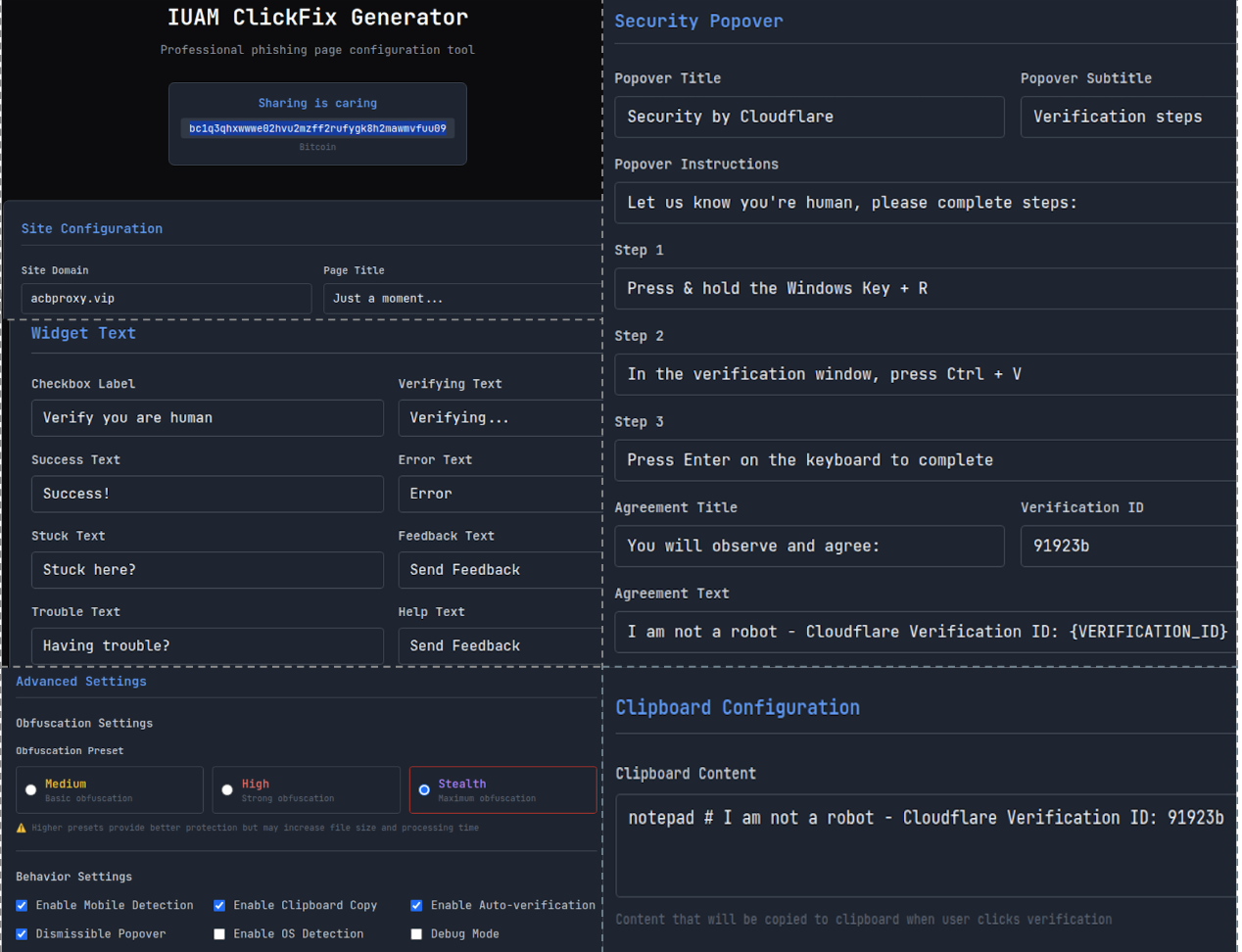 User interface for the IUAM ClickFix Generator phishing kit.