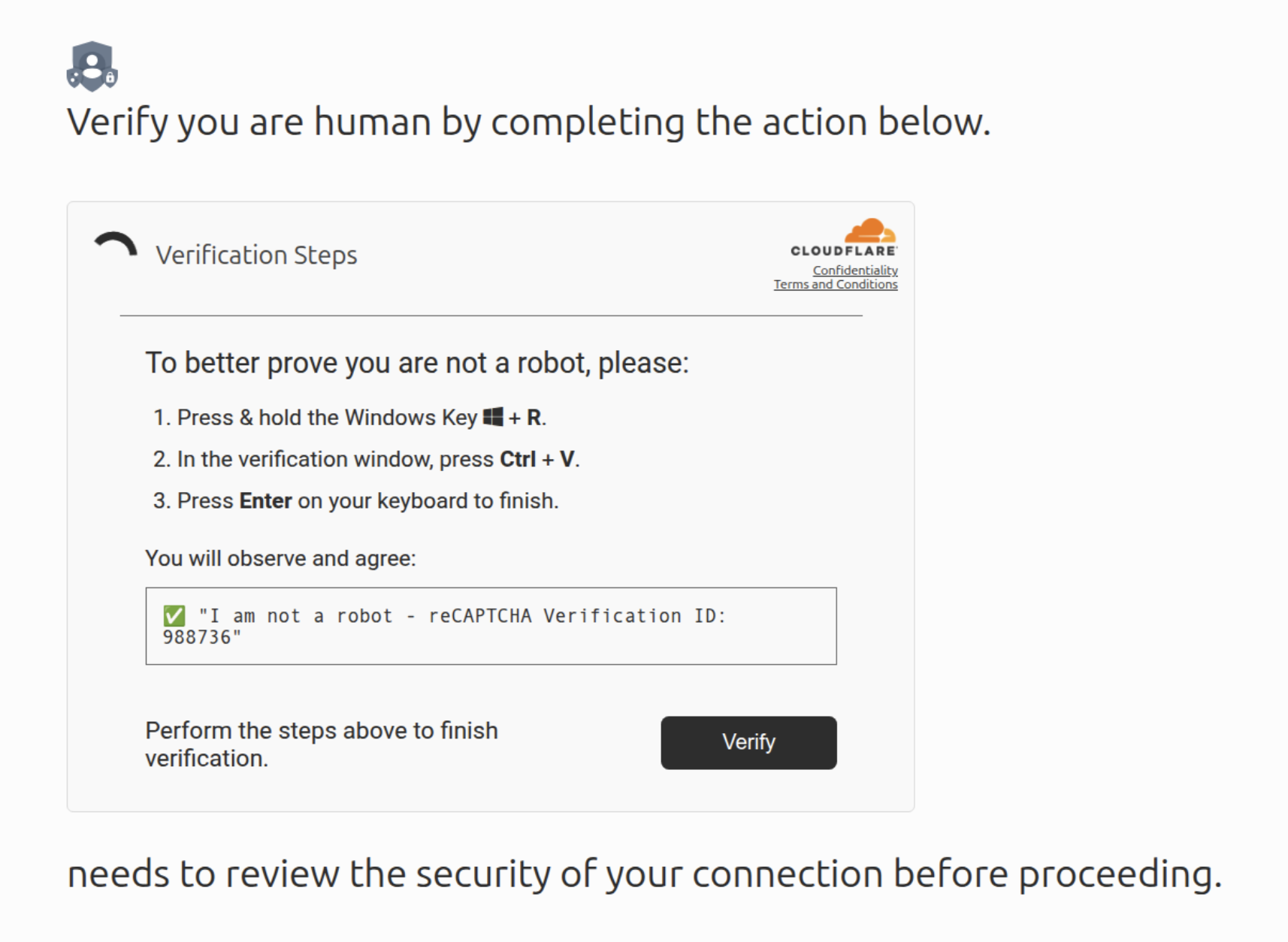 Screenshot of a Cloudflare verification CAPTCHA prompt asking the user to press specific keys to confirm they are not a robot. Instructions and a CAPTCHA ID are visible.