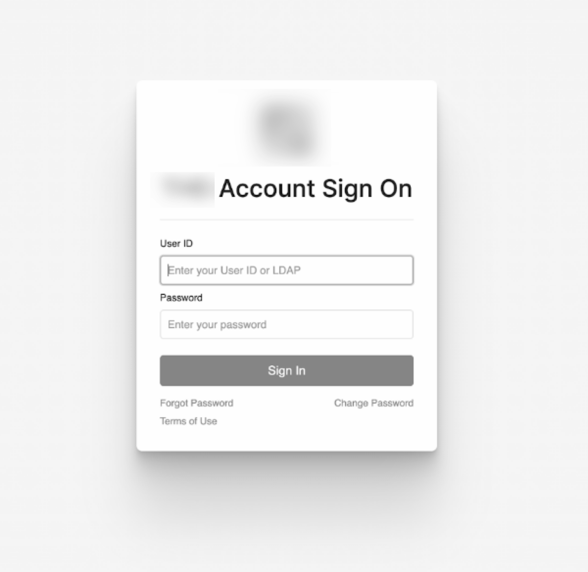 「ユーザーID」と「パスワード」の入力フィールド、および「サインイン」、「パスワードを忘れた場合」、「パスワードの変更」の各ボタンを備えた、「アカウント サインオン」インターフェースのスクリーンショット。