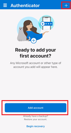 Microsoft Authenticator アプリのオンボーディング画面のスクリーンショット。セキュリティ機能を表示するモバイルデバイスの隣に人物と猫が描かれたイラストが特徴です。「アカウントの追加」オプションのほか、「回復の開始」や、ユーザーがすでにバックアップを持っているか確認するためのリンクが用意されています。
