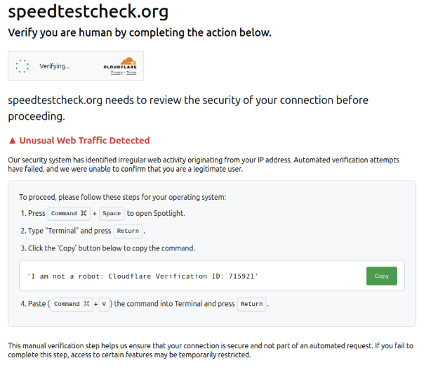 speedtestcheck.org のセキュリティ検証ページのスクリーンショットです。ユーザーのIPアドレスから異常なウェブトラフィックが検知された旨のメッセージが表示されています。このページでは、ターミナルにコマンドを入力することで本人確認を行うよう指示しており、「私はロボットではありません」のチェックボックスと、コマンドテキストをコピーするための「コピー」ボタンが設置されています。