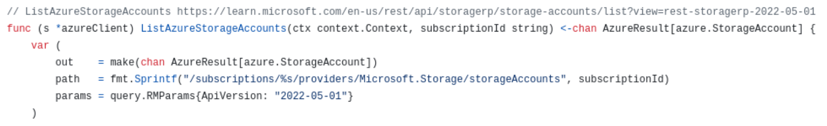 Captura de pantalla de un fragmento de código relacionado con la cuenta de almacenamiento de Microsoft Azure, con parámetros para el ID de suscripción y la fecha de la versión de la API.